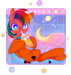 Size: 2360x2476 | Tagged: safe, artist:wavecipher, oc, oc only, oc:winged whisper, pegasus, pony, blue eyes, collar, drinking, folded wings, high res, male, moon, pegasus oc, planet, smoothie, solo, space, stallion, tail, two toned mane, two toned tail, vaporwave, wings