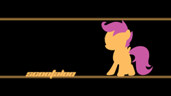 Size: 1920x1080 | Tagged: safe, artist:alexstrazse, artist:shelmo69, edit, scootaloo, pegasus, pony, g4, base used, black background, female, filly, foal, line, lineart, minimalist, name, no eyes, simple background, solo, spread wings, wallpaper, wallpaper edit, wings