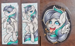 Size: 2327x1444 | Tagged: safe, artist:inkkeystudios, oc, oc only, pegasus, pony, ahegao, badge, bedroom eyes, body pillow, body pillow design, eyes rolling back, floating wings, heart, heart eyes, lidded eyes, looking at you, open mouth, open smile, photo, smiling, spread wings, tongue out, traditional art, underhoof, wingding eyes, wings