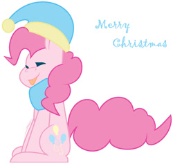 Size: 918x870 | Tagged: safe, artist:eivilpotter, pinkie pie, g4, christmas, clothes, eyes closed, hat, holiday, merry christmas, scarf, simple background, sitting, smiling, solo, text, tongue out