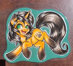 Size: 2726x2463 | Tagged: safe, artist:inkkeystudios, oc, oc only, pony, unicorn, badge, coat markings, happy, high res, looking at you, open mouth, open smile, photo, smiling, socks (coat markings), solo, traditional art