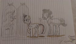 Size: 3344x1920 | Tagged: safe, artist:chresureangelchan, king sombra, princess celestia, spike, twilight sparkle, alicorn, dragon, pony, unicorn, g4, cape, clothes, corrupted, corrupted twilight sparkle, dark magic, door, doorway, female, greatest fear, magic, male, mare, offscreen character, possessed, possession, shadow, sombra eyes, stallion, vision
