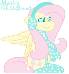 Size: 861x928 | Tagged: safe, artist:eivilpotter, fluttershy, pegasus, pony, g4, christmas, clothes, earmuffs, holiday, looking offscreen, merry christmas, scarf, simple background, smiling, socks, solo, text