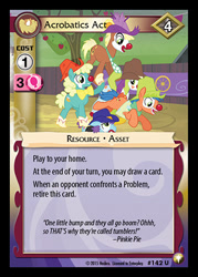 Size: 344x480 | Tagged: safe, enterplay, beach baller, bootblues, hehe helium, meadow song, earth pony, pony, appleoosa's most wanted, equestrian odysseys, g4, my little pony collectible card game, balancing, ccg, clown, male, merchandise, rodeo clown, stallion, suspense funnypants