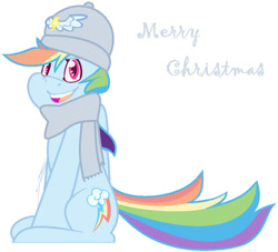 Size: 938x852 | Tagged: safe, artist:eivilpotter, rainbow dash, pegasus, pony, g4, christmas, clothes, female, hat, holiday, looking at you, mare, merry christmas, scarf, simple background, sitting, smiling, solo, text