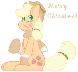 Size: 934x855 | Tagged: safe, artist:eivilpotter, applejack, earth pony, pony, g4, candy, candy cane, christmas, clothes, female, food, holiday, looking at you, mare, merry christmas, mittens, ribbon, scarf, simple background, solo, text