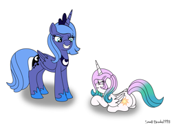 Size: 4184x3030 | Tagged: safe, artist:small-brooke1998, princess celestia, princess luna, alicorn, pony, g4, age difference, age regression, cewestia, female, filly, floppy ears, foal, grin, puffy cheeks, s1 luna, smiling, younger