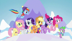 Size: 1470x828 | Tagged: safe, edit, edited screencap, editor:incredibubbleirishguy, screencap, applejack, fluttershy, pinkie pie, rainbow dash, rarity, spike, twilight sparkle, alicorn, dragon, earth pony, pegasus, pony, unicorn, all bottled up, g4, best friends until the end of time, clothes, hat, mane seven, scarf, snow, striped scarf, twilight sparkle (alicorn), winter, winter hat