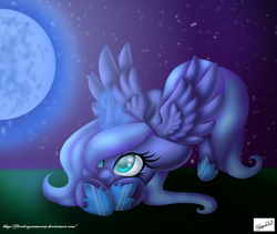Size: 1102x932 | Tagged: safe, artist:firedragonmoon15, princess luna, pony, g4, face down ass up, female, filly, glowing, glowing horn, hoof shoes, horn, looking at something, looking at the moon, magic, moon, night, night sky, sky, spread wings, telekinesis, wings, woona, younger