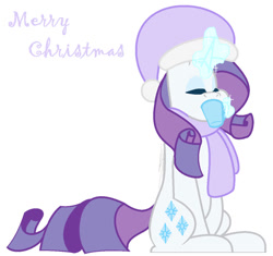 Size: 922x867 | Tagged: safe, artist:eivilpotter, rarity, pony, unicorn, g4, christmas, clothes, female, glowing, glowing horn, hat, holiday, horn, mare, merry christmas, mug, scarf, simple background, sipping, solo, text