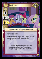 Size: 344x480 | Tagged: safe, enterplay, apple bloom, fluttershy, scootaloo, sweetie belle, earth pony, pegasus, pony, unicorn, equestrian odysseys, g4, my little pony collectible card game, stare master, bed, ccg, cutie mark crusaders, female, filly, fluttershy's cottage, fluttershy's cottage (interior), foal, group, horn, merchandise, quartet