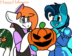 Size: 992x770 | Tagged: safe, artist:eivilpotter, oc, oc only, pony, clothes, costume, duo, happy halloween, looking at each other, looking at someone, pumpkin, simple background, text