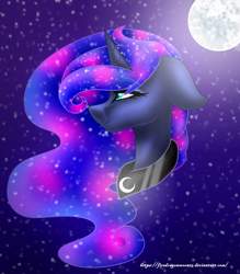 Size: 2500x2860 | Tagged: safe, artist:firedragonmoon15, princess luna, alicorn, pony, g4, ears back, ethereal mane, full moon, head only, high res, jewelry, looking forward, moon, necklace, smiling, starry background