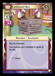 Size: 344x480 | Tagged: safe, enterplay, discord, equestrian odysseys, g4, make new friends but keep discord, my little pony collectible card game, cardboard box, ccg, exclamation point, hiding, merchandise, metal gear, solo, sugarcube corner, the game