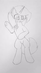 Size: 1432x2546 | Tagged: safe, artist:just rusya, derpibooru exclusive, oc, oc:4 bore, pony, unicorn, bipedal, chest fluff, grayscale, looking down, monochrome, open mouth, pencil drawing, raised hoof, solo, traditional art, underhoof