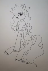 Size: 1391x2048 | Tagged: safe, artist:novadraws19205, oc, oc only, oc:nova rossi, pegasus, pony, bow, clothes, eyebrows, eyebrows visible through hair, heart, hoodie, looking at you, solo, tail, tail bow, unshorn fetlocks, wip