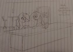 Size: 2667x1920 | Tagged: safe, artist:those kids in the corner, fluttershy, rainbow dash, pegasus, pony, g4, bar, blushing, drink, drunk, drunkershy, duo, female, flyer, lesbian, mare, paperwork, ship:flutterdash, shipping, table, traditional art