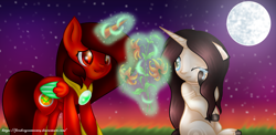 Size: 1580x768 | Tagged: safe, artist:firedragonmoon15, oc, oc:phoenix scarletruby, alicorn, pony, brown mane, brown tail, colored wings, comforting, crying, full moon, glowing, glowing horn, hoof shoes, horn, jewelry, looking at someone, magic, mint wings, moon, necklace, night, night sky, one eye closed, red coat, red wings, sitting, sky, smiling, standing, tail, telekinesis, two toned wings, wings, wiping tears