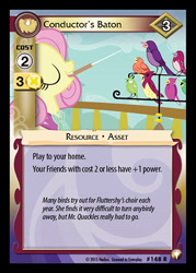 Size: 344x480 | Tagged: safe, enterplay, fluttershy, bird, pegasus, pony, a canterlot wedding, equestrian odysseys, g4, my little pony collectible card game, baton, ccg, conductor's baton, eyes closed, female, mare, merchandise, mouth hold
