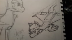 Size: 3264x1836 | Tagged: safe, oc, oc only, oc:val, original species, plane pony, diving, drawing, female, looking down, mare, pencil drawing, plane, simple background, solo, traditional art, white background, xb-70 valkyrie