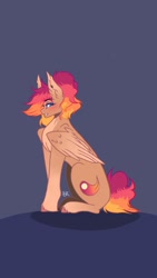 Size: 750x1334 | Tagged: safe, artist:novadraws19205, oc, oc only, oc:nova rossi, pegasus, pony, blushing, ear fluff, eyebrows, eyebrows visible through hair, lidded eyes, looking at you, sitting, smiling, solo