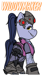 Size: 864x1488 | Tagged: safe, artist:eivilpotter, oc, oc only, crossover, female, helmet, mare, overwatch, ponytail, simple background, solo, text, widowmaker