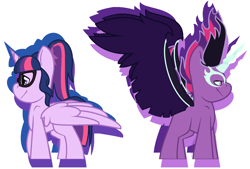 Size: 1712x1156 | Tagged: safe, artist:eivilpotter, sci-twi, twilight sparkle, alicorn, pony, equestria girls, g4, colored wings, duo, equestria girls ponified, glasses, glowing, glowing horn, horn, magic, midnight sparkle, multicolored hair, multicolored wings, ponified, sci-twilicorn, simple background, wings
