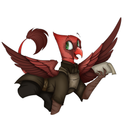 Size: 2300x2300 | Tagged: safe, artist:molars, oc, oc only, oc:ginger gale, griffon, armor, beak, chestplate, claws, clothes, detached sleeves, eyebrows, female, green eyes, griffon oc, high res, leonine tail, raised eyebrow, simple background, smiling, solo, spread wings, tail, transparent background, uniform, wings