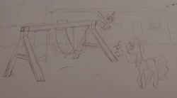 Size: 3236x1792 | Tagged: safe, artist:those kids in the corner, oc, unnamed oc, bat pony, pony, unicorn, concerned, female, filly, flying, foal, mare, swing, swing set, traditional art, trailer