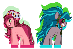 Size: 1720x1168 | Tagged: safe, artist:eivilpotter, gaea everfree, gloriosa daisy, earth pony, pony, g4, colored, duo, facing away, female, flat colors, floral head wreath, flower, jewelry, mare, multicolored hair, necklace, simple background