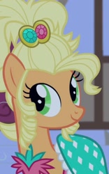Size: 976x1568 | Tagged: safe, screencap, applejack, earth pony, pony, g4, simple ways, alternate hairstyle, applejewel, ball, clothes, cropped, dress, gala, happy, missing accessory, night, ponyville, relief, relieved, smiling, solo, town hall