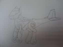 Size: 720x540 | Tagged: safe, oc, oc only, original species, plane pony, pony, robot, robot pony, wheelpone, no eyes, no face, pencil drawing, plane, simple background, solo, traditional art, white background