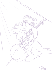 Size: 1500x2100 | Tagged: safe, artist:prismspark, octavia melody, earth pony, pony, g4, 30 minute art challenge, cello, eyes closed, inked, monochrome, musical instrument, playing instrument, solo, spotlight