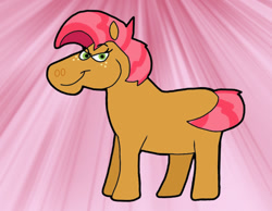 Size: 1016x787 | Tagged: safe, artist:cookie-lovey, babs seed, earth pony, pony, g4, 2012, blank flank, female, filly, foal, lidded eyes, looking at you, pink background, simple background, smiling, smiling at you, smug, solo, style emulation, the fairly oddparents, traditional art