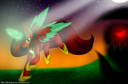 Size: 1682x1112 | Tagged: safe, artist:firedragonmoon15, oc, oc:phoenix scarletruby, alicorn, pony, brown mane, brown tail, colored wings, darkness, fight, glowing, glowing horn, hoof shoes, horn, jewelry, light rays, mint wings, monster, necklace, red coat, red eyes, red wings, spread wings, stars, tail, two toned wings, wings