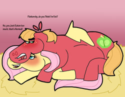 Size: 1016x787 | Tagged: safe, artist:cookie-lovey, big macintosh, fluttershy, earth pony, pegasus, pony, g4, 2012, bigger macintosh, blushing, cuddling, dialogue, fat, female, hay, lidded eyes, looking back, lying down, male, mare, open mouth, open smile, prone, ship:fluttermac, shipping, smiling, stallion, straight, straw, style emulation, text, the fairly oddparents