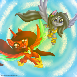 Size: 2236x2228 | Tagged: safe, artist:firedragonmoon15, oc, oc:phoenix scarletruby, alicorn, pony, black mane, black tail, brown mane, colored wings, flying, gray coat, happy, high res, hoof shoes, jewelry, mint wings, necklace, purple eyes, red coat, red eyes, red wings, smiling, spread wings, tail, two toned wings, wings