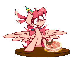 Size: 1037x816 | Tagged: safe, artist:scridley-arts, oc, oc only, oc:scridley, pegasus, pony, animated, birthday cake, cake, female, food, pegasus oc, simple background, solo, transparent background