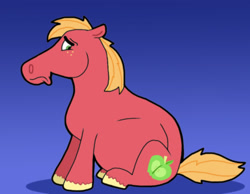 Size: 1016x787 | Tagged: safe, artist:cookie-lovey, big macintosh, earth pony, pony, g4, 2012, belly, big belly, blue background, frown, looking back, looking down, male, male pregnancy, missing accessory, pregnant, simple background, sitting, solo, stallion, style emulation, the fairly oddparents