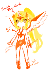 Size: 652x908 | Tagged: safe, artist:fecchi-freya, daybreaker, human, g4, alicorn humanization, alternate hairstyle, belly button, clothes, crown, elf ears, female, high heels, horn, horned humanization, humanized, jewelry, midriff, reference sheet, regalia, shoes, simple background, skirt, solo, white background, winged humanization, wings