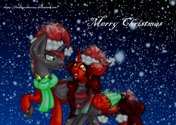 Size: 929x659 | Tagged: safe, artist:firedragonmoon15, oc, oc:phoenix scarletruby, alicorn, pony, brother and sister, brown coat, brown mane, brown tail, christmas, clothes, colored wings, female, gradient background, hat, holiday, jewelry, looking at each other, looking at someone, male, merry christmas, mint wings, necklace, red coat, red wings, santa hat, scarf, siblings, smiling, snow, tail, two toned wings, walking, wings
