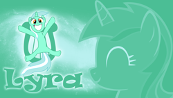Size: 1920x1080 | Tagged: safe, artist:cradet, artist:mrlolcats17, artist:mysteriouskaos, artist:the smiling pony, edit, lyra heartstrings, pony, unicorn, g4, big smile, cutie mark, eyes closed, female, galaxy, green background, jumping, looking at you, mare, name, simple background, smiling, smiling at you, solo, space, spread hooves, stars, wallpaper, wallpaper edit