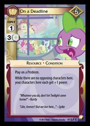 Size: 344x480 | Tagged: safe, enterplay, applejack, fluttershy, pinkie pie, rarity, spike, castle sweet castle, equestrian odysseys, g4, my little pony collectible card game, ccg, merchandise, open mouth, worried