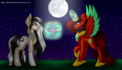 Size: 1532x880 | Tagged: safe, artist:firedragonmoon15, oc, oc:phoenix scarletruby, alicorn, earth pony, pony, black mane, brown mane, brown tail, colored wings, full moon, glowing, glowing horn, hoof shoes, horn, jewelry, looking at someone, magic, mint wings, moon, necklace, night, night sky, present, raised hoof, red coat, red wings, sky, spread wings, standing, surprised, tail, telekinesis, two toned wings, white mane, wings