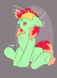 Size: 1610x2198 | Tagged: safe, artist:beardie, oc, oc only, oc:jonin, pony, unicorn, cheese slap, chest fluff, commission, male, onomatopoeia, open mouth, sitting, sliced cheese, solo, stallion, surprised, underhoof, ych result