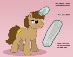 Size: 1016x787 | Tagged: safe, artist:cookie-lovey, oc, oc only, pony, unicorn, 2013, angry, baseball bat, dialogue, female, frown, levitation, magic, mare, narrowed eyes, offscreen character, pink background, ponysona, simple background, solo, telekinesis, text, this will end in pain