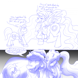 Size: 1920x1920 | Tagged: safe, artist:xyclone, part of a set, princess celestia, sunny starscout, alicorn, earth pony, pony, g5, abdominal bulge, belly, christmas, clothes, comic, costume, dialogue, hat, holiday, imminent vore, implied vore, monochrome, nervous, santa costume, santa hat, signature, simple background, stomach noise, sweat, white background
