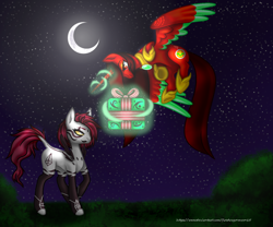 Size: 1416x1180 | Tagged: safe, artist:firedragonmoon15, oc, oc:phoenix scarletruby, alicorn, pony, brown mane, brown tail, colored wings, crescent moon, flying, glowing, glowing horn, hoof shoes, horn, jewelry, magic, mint wings, moon, necklace, night, night sky, present, red coat, red wings, sky, smiling, standing, tail, telekinesis, two toned wings, wings