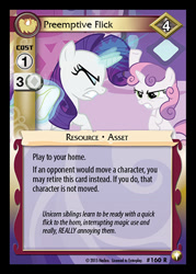 Size: 344x480 | Tagged: safe, enterplay, rarity, sweetie belle, pony, unicorn, equestrian odysseys, g4, my little pony collectible card game, ponyville confidential, ccg, duo, eyes closed, female, filly, foal, horn, horn flick, magic, mare, merchandise, siblings, sisters, telekinesis
