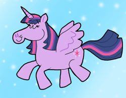 Size: 1016x787 | Tagged: safe, artist:cookie-lovey, twilight sparkle, alicorn, pony, g4, 2013, anime bubbles, blue background, eyes closed, female, flying, mare, simple background, smiling, solo, spread wings, style emulation, the fairly oddparents, twilight sparkle (alicorn), wings